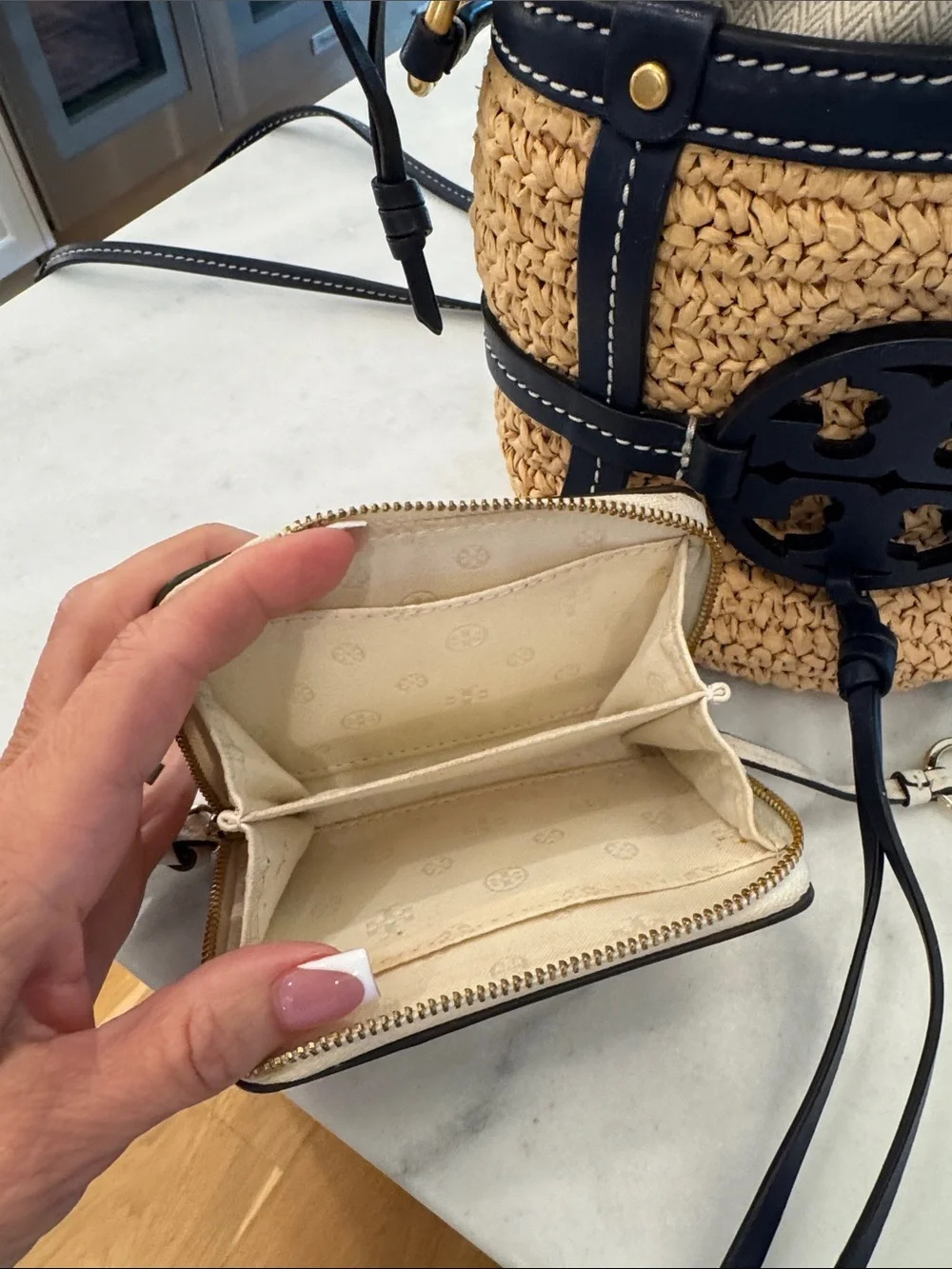 Tory Burch Navy Trim Straw Bucket Bag with Cream Card Case/Wallet